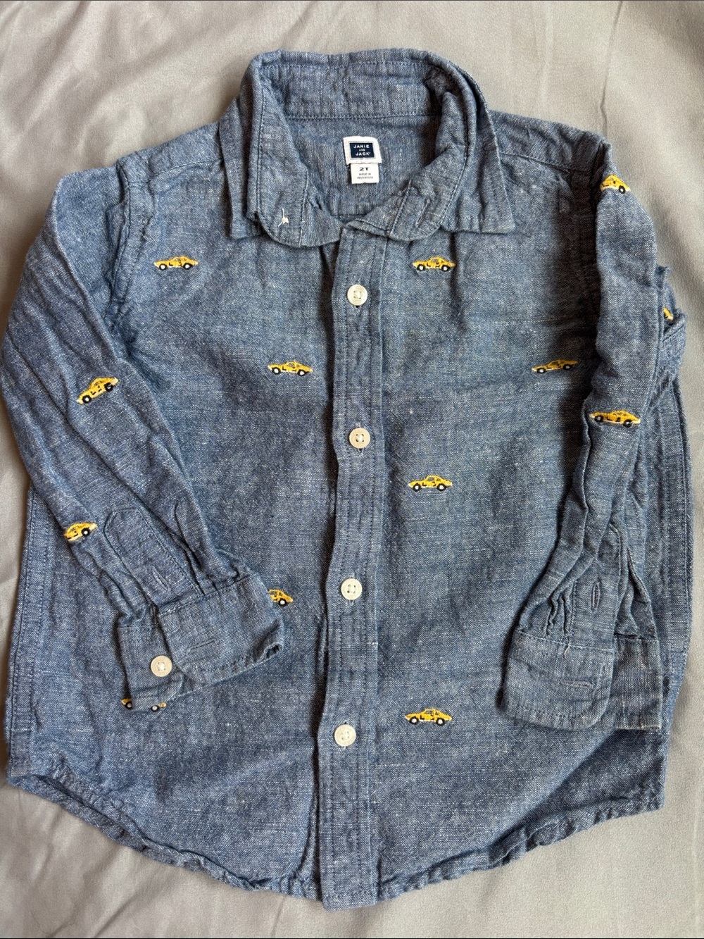 Janie and Jack Blue Chambray Button-Down Shirt with Yellow Car Embroidery